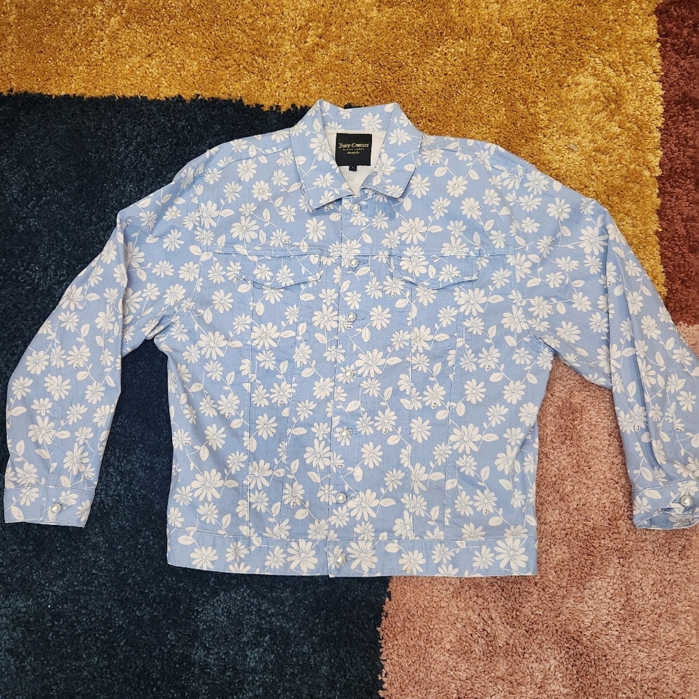 Juicy Couture Black Label Light Blue Daisy Print Pearl Accent Denim Jacket